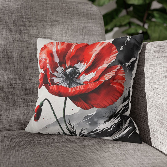 Albanian Red Poppy Pillowcase – Botanical Watercolor Art | National Flower-Inspired Decor | Red & Black Accent Cushion